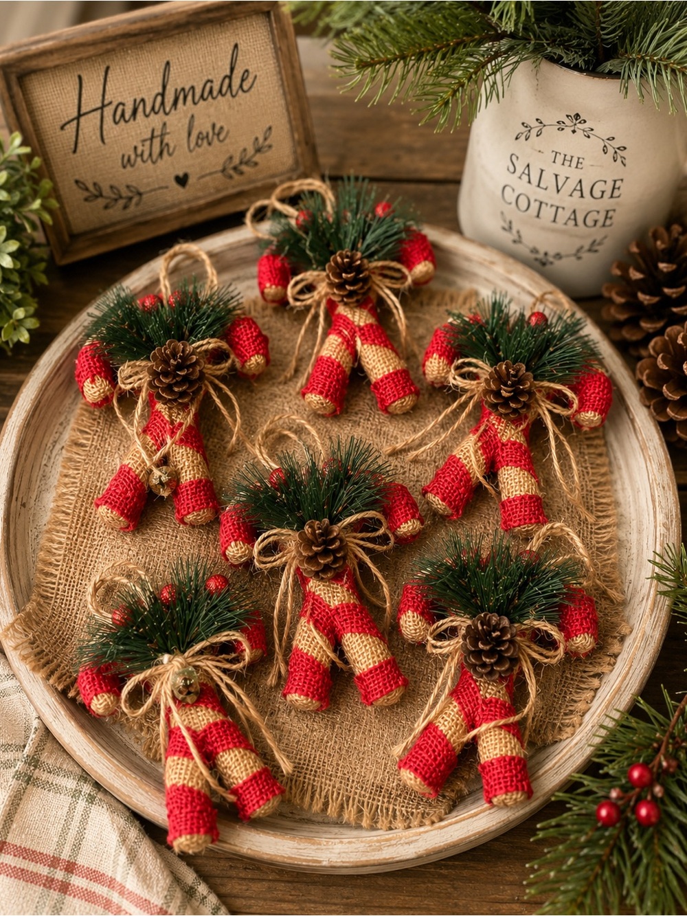 Handmade Holiday Candy Cane Ornaments - Red & Natural Burlap